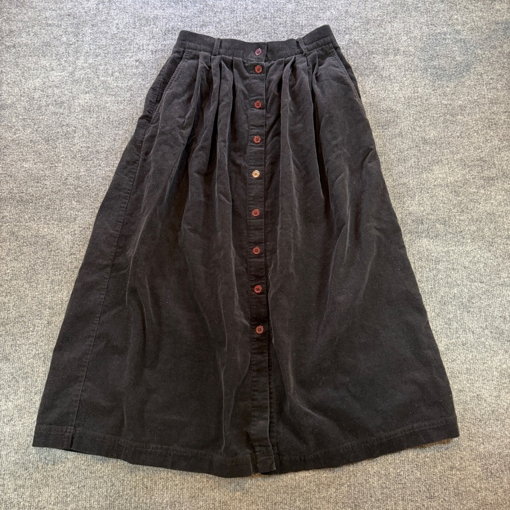 Vintage Susan Bristol Black Corduroy Button Midi Skirt Pockets Pleated Size 10